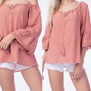 Neiman Marcus On Off Shoulder Top Tunic Bell Blouse